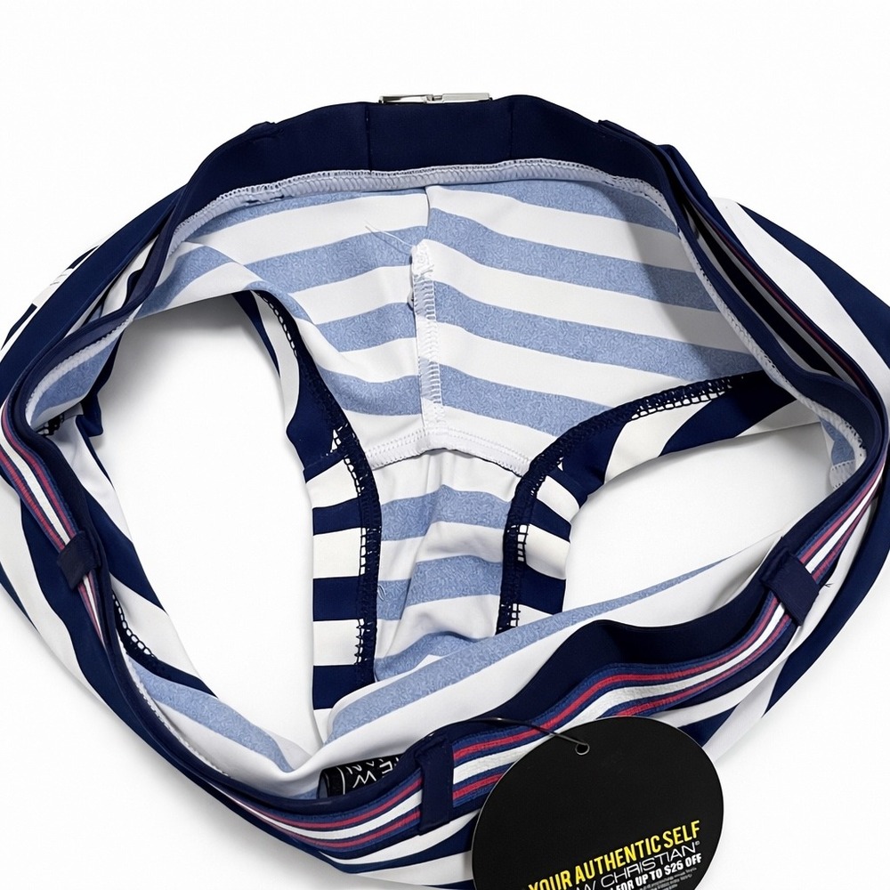 Andrew Christian Small (28-31) Navy White Striped Swim Briefs Buckle Belt 70063 - Picture 5 of 7